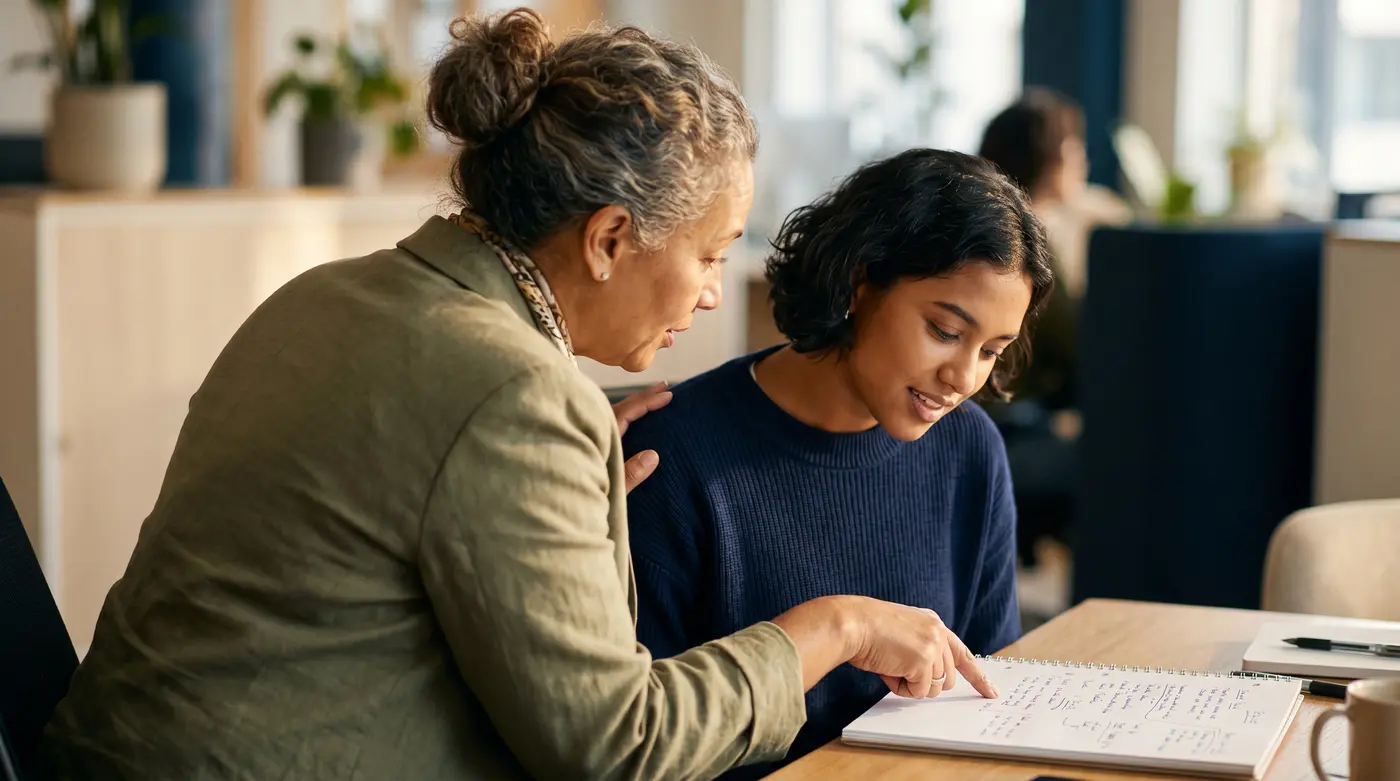 A mentor working side by side with a student